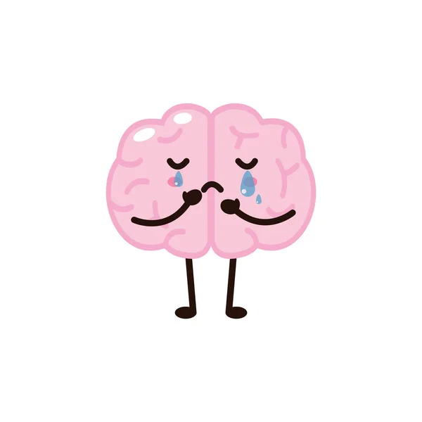 Cute Funny Human Brain Character Sad Cry Vector Illustration Kawaii — Stok Vektör