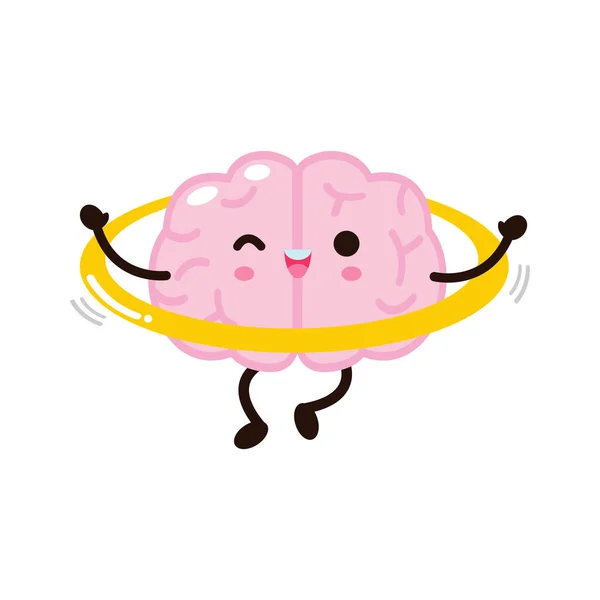 Cute Funny Human Brain Character Playing Hulahoop Vector Illustration Kawaii - Stok Vektor