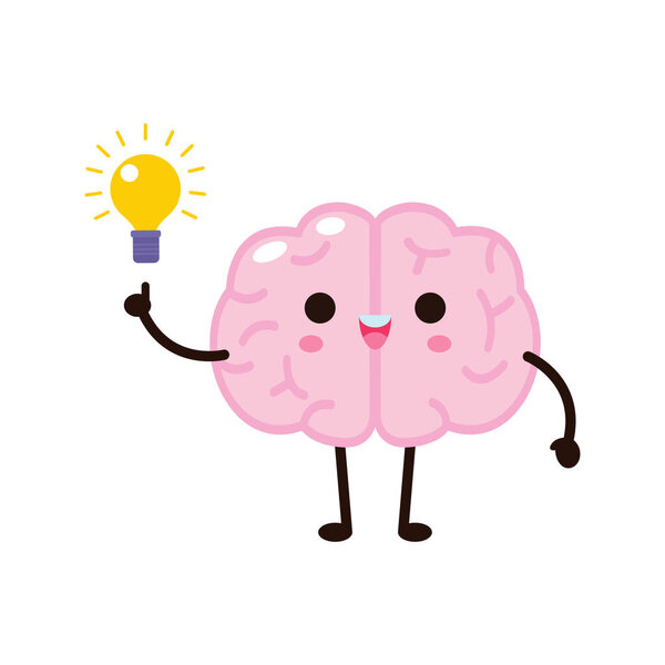 Cute funny human brain character with with light bulb , Vector illustration kawaii icon design Isolated on white background