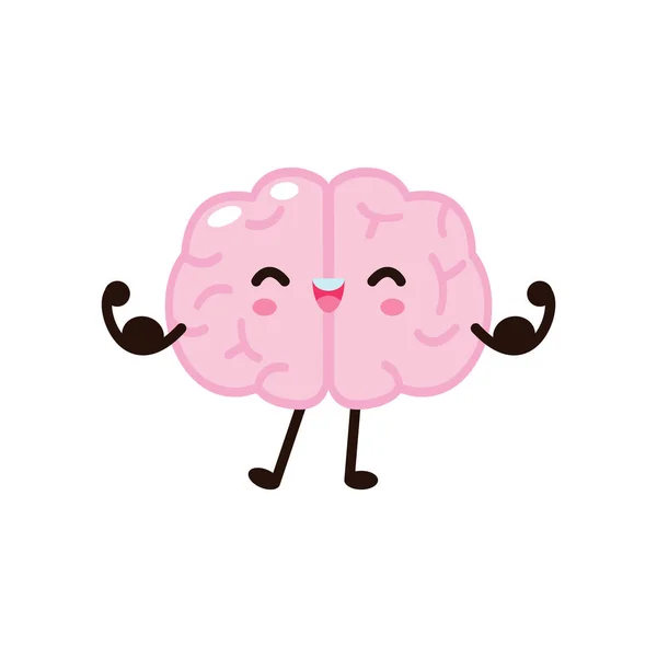 Cute Funny Human Brain Character Show Muscle Vector Illustration Kawaii — Vetor de Stock