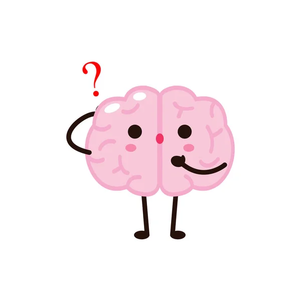 Cute Funny Human Brain Character Question Marks Vector Illustration Kawaii — 스톡 벡터