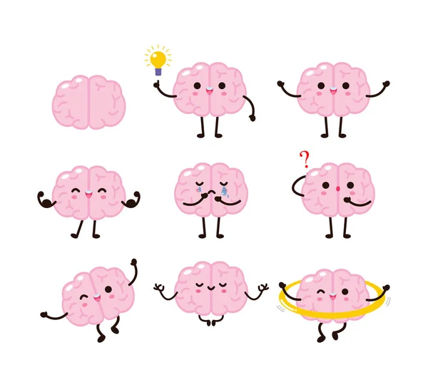 Set Collection Cute Funny Human Brain Character Cartoon Vector Illustration - Stok Vektor