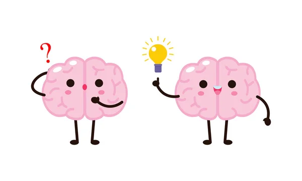 Cute Funny Cartoon Human Brain Character Question Mark Idea Lightbulb — Stock Vector