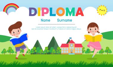 Çocuklar için düz stil diploması, anaokulu ve ilkokul sertifikası, ilkokul öncesi, arka plan vektör ilüstrasyonunda izole edilmiş.
