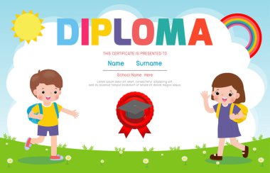 Çocuklar için düz stil diploması, anaokulu ve ilkokul sertifikası, ilkokul öncesi, arka plan vektör ilüstrasyonunda izole edilmiş.