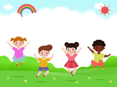 Cute kids Playing on the grass, Happy Children jumping and dancing on the park or playground Template for advertising brochure,your text, flat Funny cartoon character,design Vector Illustration