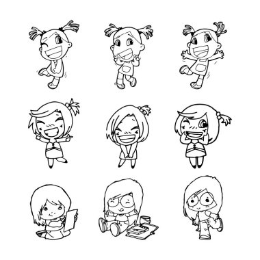 Set of Cute happy cartoon doodle girl kids, child drawing sketch, children character isolated Vector Illustration on white background