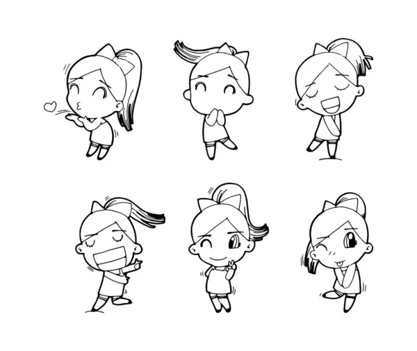 Set Cute Happy Cartoon Doodle Girl Kids Child Drawing Sketch — Stockvector