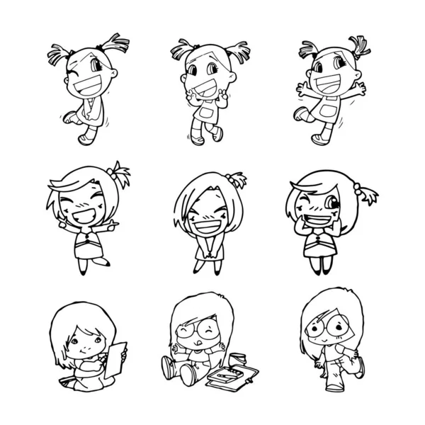 Set of Cute happy cartoon doodle girl kids, child drawing sketch, children character isolated Vector Illustration on white background