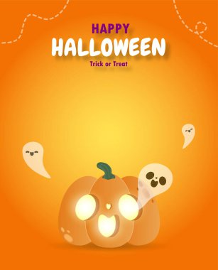 Happy Halloween trick or treat paper cut style pumpkins and ghost, fun party celebration invitation banner template, poster background Vector illustration