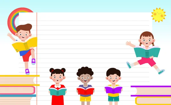 Enfants Lisant Des Livres Retour École Concept Éducatif Modèle Brochure — Image vectorielle