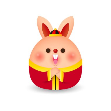 Mutlu Çin yeni yılı 2023 tebrik kartı, tavşan burcunun yılı, küçük tavşan selamlama gong xi fa cai, takvim, çizgi film izole edilmiş beyaz arka plan çizimi