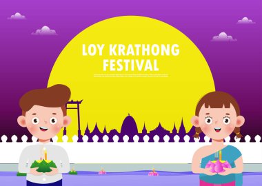 Loy Krathong Festivali afiş kavramı, Tayland 'ın sevimli Tayland' lı çocuklar, dolunay gecesi krathong giyip fenerlerle Tayland Kültür ve Kutlama posterleri arka plan taşıyıcısı taşıyorlar.