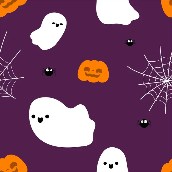 Happy Halloween Party Seamless Pattern Cute Ghosts Trick Treating Background — Vettoriale Stock