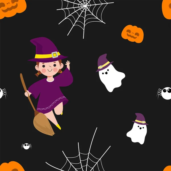 Happy Halloween Party Seamless Pattern Cute Witch Trick Treating Background — Vector de stock