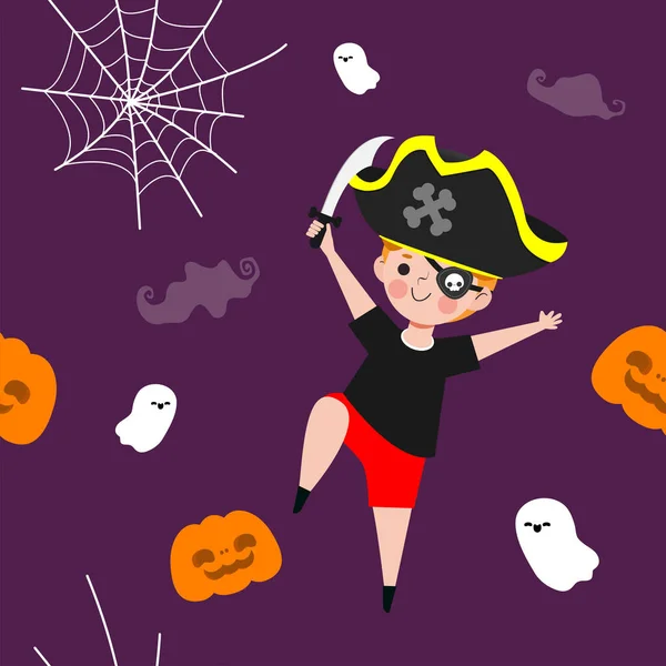 Happy Halloween Party Seamless Pattern Cute Pirate Trick Treating Background — Vector de stock