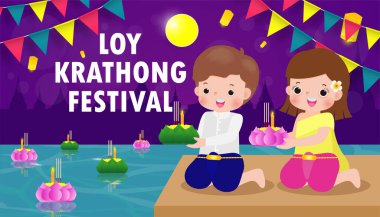 Loy Krathong Festivali pankartı, Taylandlı şirin insanların dolunay gecesi Krathong giyip fener tutmaları Tayland poster şablonu taşıyıcı