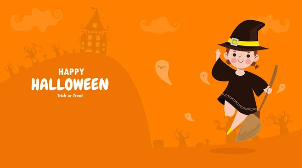 Happy Halloween Trick Treat Flat Style Witch Fun Party Celebration — Vector de stock