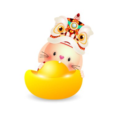 Mutlu Çin yeni yılı 2023 tebrik kartı, Sevimli küçük tavşan ve aslan dansı Çin altınlı Ingots, tavşan burcu yılı, küçük tavşan gong fa cai, karikatür izole beyaz arka plan