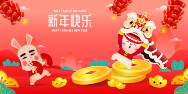 Mutlu Çin Yeni Yılı, tavşan 2023, şirin küçük tavşan Lion Dance, gong xi fa cai, tebrik kartı temsili beyaz arka planda izole edilmiş, Yeni Yıl Çeviri