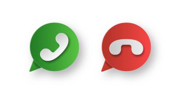 Sohbet baloncuğu simgesi kağıdındaki yeşil ve kırmızı telefon ahizesini kabul et ve reddet beyaz arkaplanda kesim biçimi konuşma balonu tasarımı izole edilmiş vektör ilüstrasyonunda mobil konuşma işaretini ara ve kapat