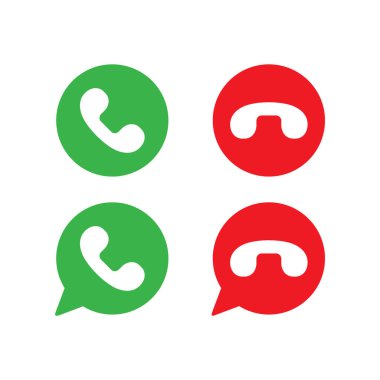 Telefon simgelerini kabul et ve reddet. Cevap ver ve reddet sembolü yeşil ve kırmızı telefon ahizesi mavi arkaplandaki sohbet baloncuğunda konuşma tasarımı izole edilmiş vektör düz üzerinde mobil konuşma işaretini ara ve kapat