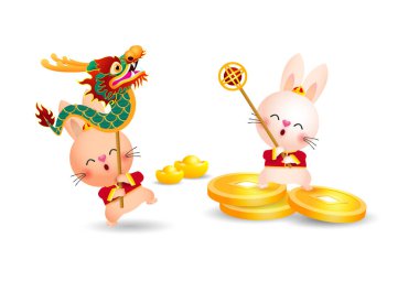 Happy Chinese new year 2023 year of the rabbit, cute Little bunny performs dragon Dance, gong xi fa cai, greeting card Cartoon vector illustration isolated on white background