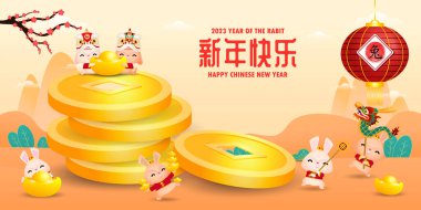 Mutlu Çin yeni yılı 2023 tebrik kartı yılı. Tavşan burcu, gong xi fa cai, Çizgi film arka plan vektörü illüstrasyonu, mutlu yıllar mesajı.