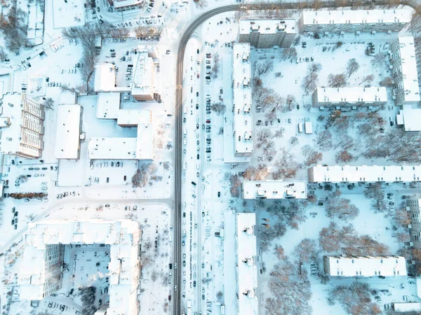 Kar Yağışı Sonrası Soğuk Bir Günde Şehrin Havadan Görünüşü — Stok fotoğraf