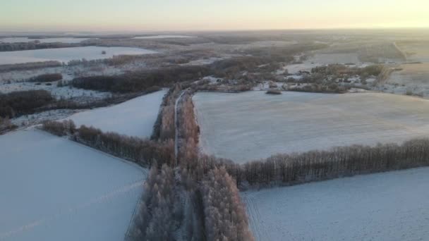 Αεροφωτογραφία Παγωμένο Πρωινό Μετά Από Χιονόπτωση Έξω Από Την Πόλη — Αρχείο Βίντεο