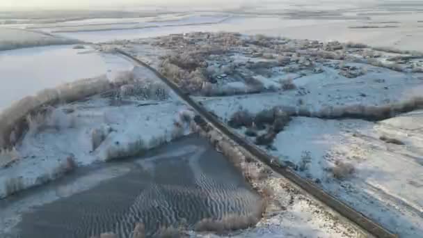 Aerial View City Frosty Morning Snowfall — Stockvideo