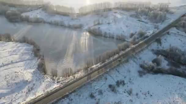 Aerial View City Frosty Morning Snowfall — Video