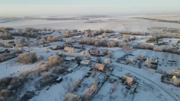 Aerial View City Frosty Morning Snowfall — Vídeo de Stock