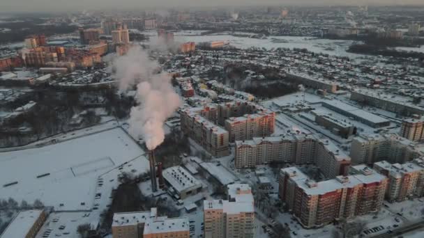 Aerial View City Frosty Morning Snowfall — Stockvideo