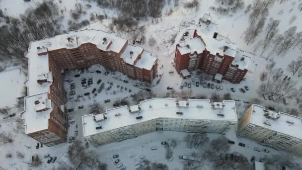Aerial View City Frosty Morning Snowfall — Vídeo de Stock