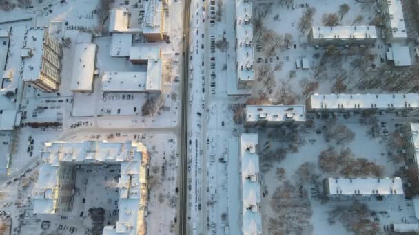 Aerial View City Frosty Morning Snowfall — Stockvideo