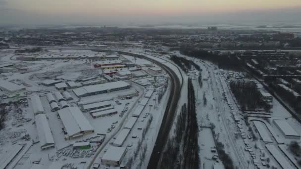 Aerial View City Frosty Morning Snowfall — Stockvideo