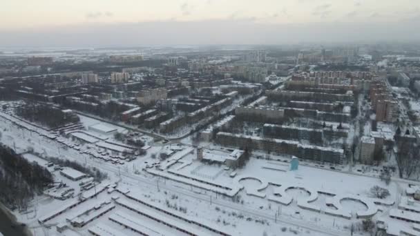 Aerial View City Frosty Morning Snowfall — Stockvideo