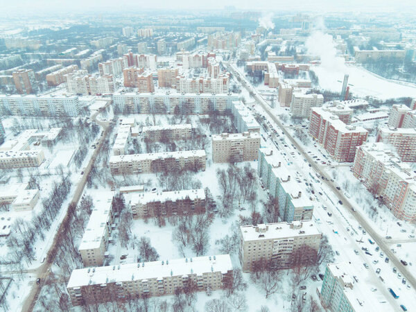 Aerial view of the streets in the snow