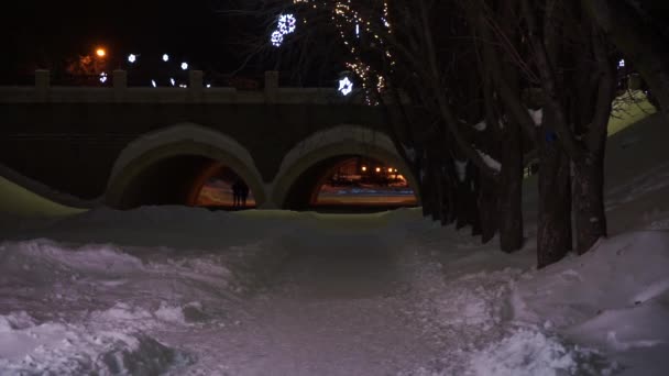 Street View Snowfall Night City — Vídeos de Stock