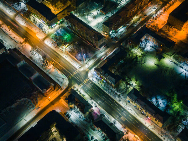 Street lights of the night city aerial view