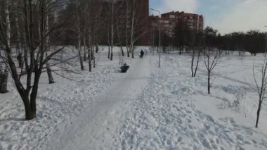 Şehrin üzerindeki kış günü halk parkının hava manzarası.