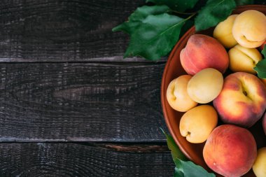 Top view of half plate with peaches and apricots. Fresh harvest of ripe, healthy fruits. Copy space.