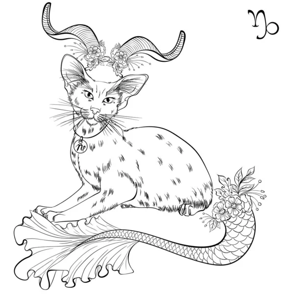 Capricórnio gato zodíaco linha arte —  Vetores de Stock