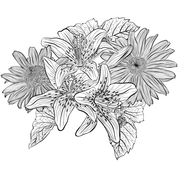 Buquê de flores com lírios e heliopsis line art — Vetor de Stock