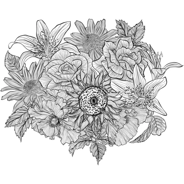 꽃으로 만든 꽃다발 과 다양 한 꽃꽂이 미술 — 스톡 벡터
