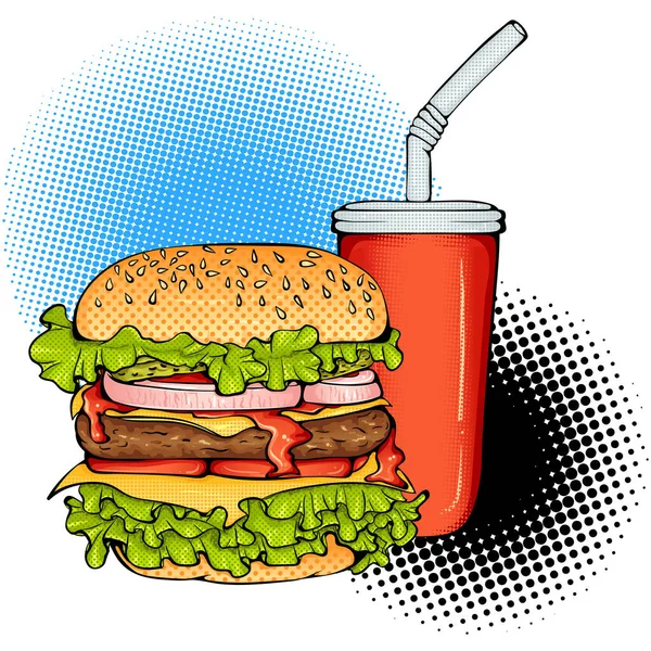 Big burger és kóla Pop Art stílusú matrica — Stock Vector