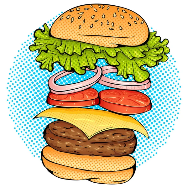 Burger com ingredientes voadores Pop Art estilo adesivo — Vetor de Stock