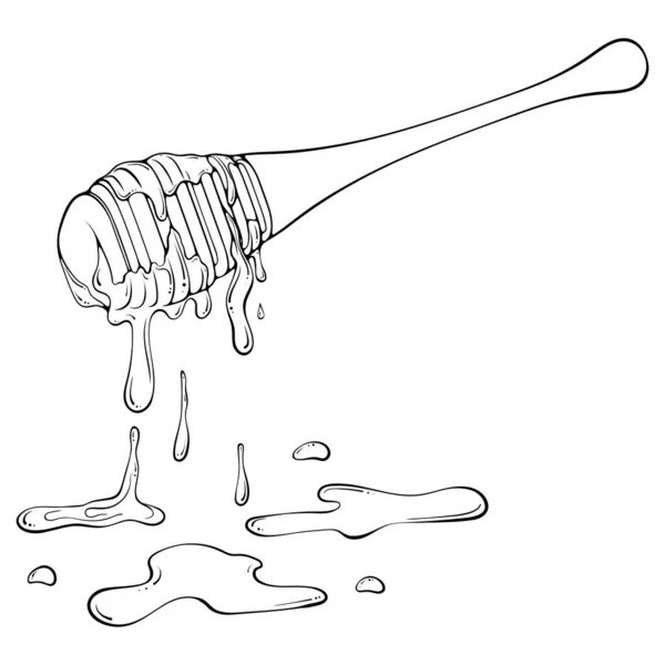 Dripping honey on wooden dipper line art — Stock vektor