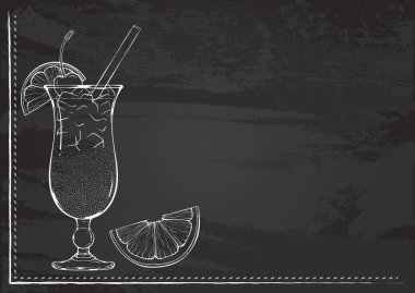 Karatahtaya tebeşir çizimi şeklinde egzotik kokteyl içeren vektör şablonu. Lokanta, kafe ya da bar tasarımı. Eski tarz içki menüsünde metin için boşluk çizilmiş elementler.